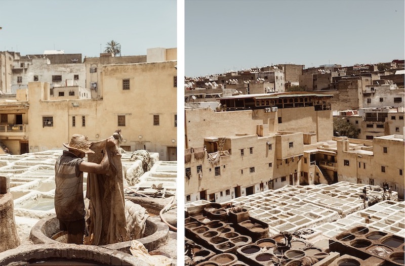 Vue panoramique des tanneries de Fès et tanneur en action - Maroc